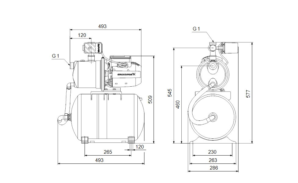 JP 4-54 PT-H INOX размери Хидрофорна самозасмукваща система Grundfos JP 4-54 PT-H INOX 🟢 В наличност